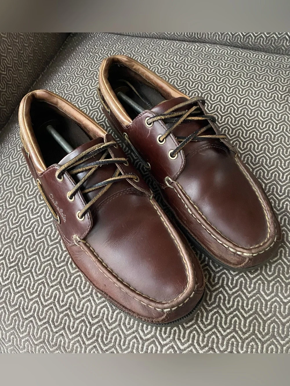 Cabelas Leather Boat Shoes Brown Moc Toe Lace Up Mens 11 Vibram Outsole Topsider